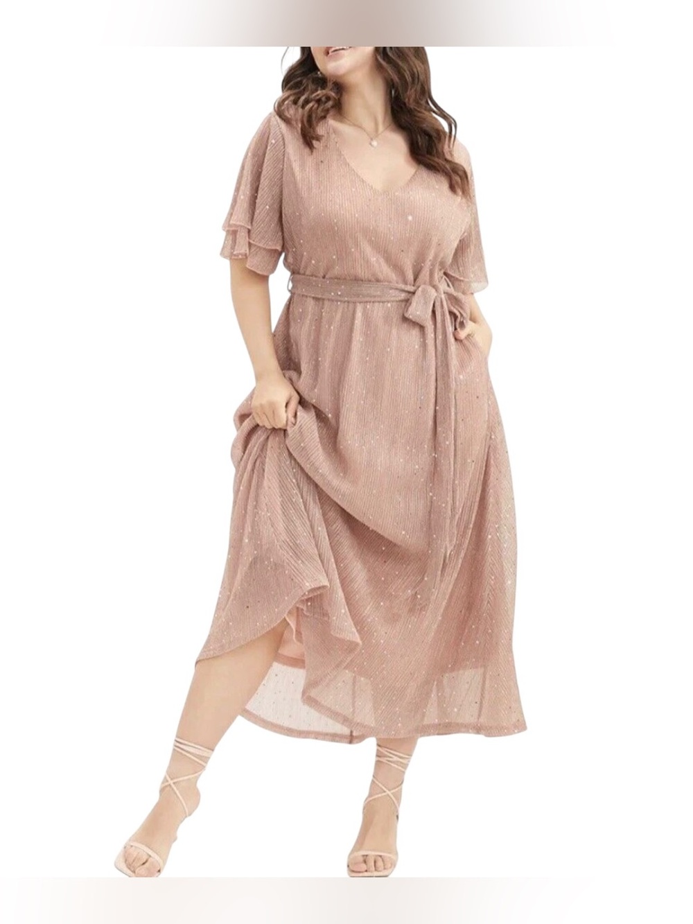 BloomChic Glitter V-Neck Mesh Ruffle Tiered Belted Maxi Dress Sz 12 NWT